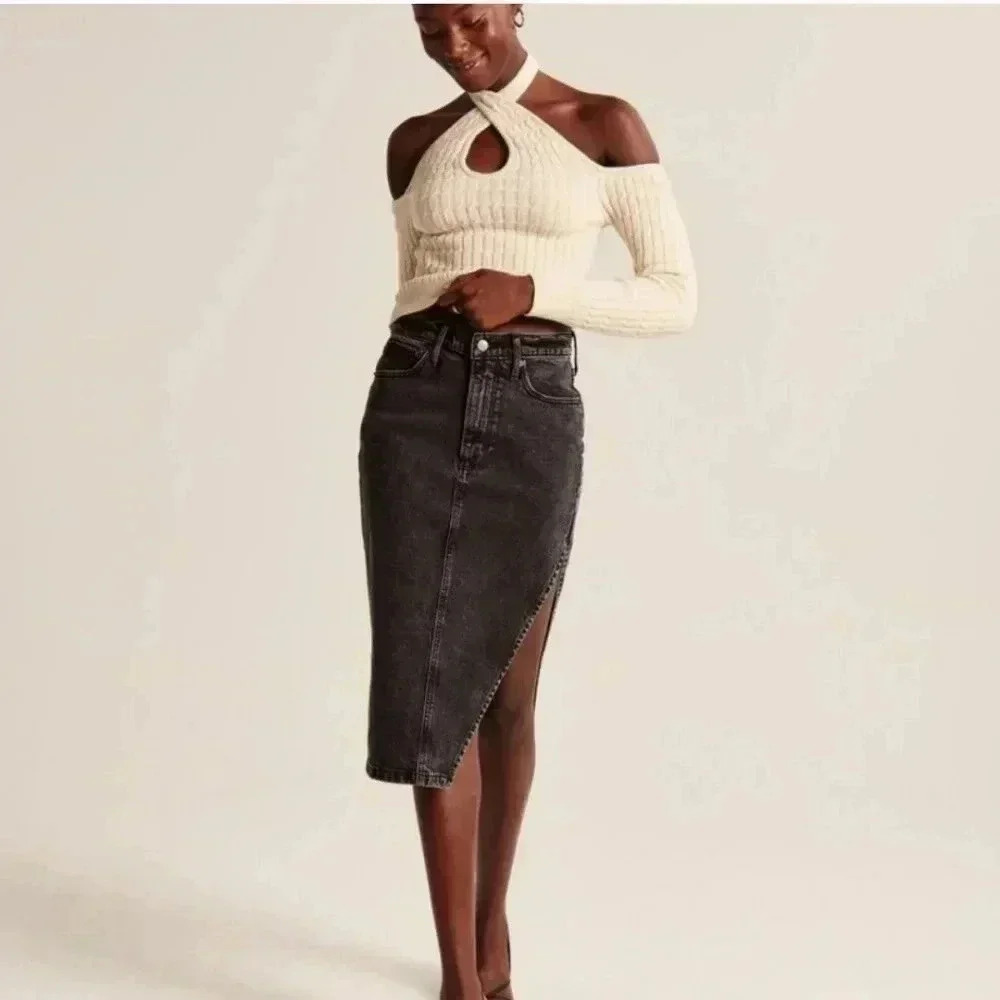 Abercrombie and fitch High Slit Denim Midi Skirt